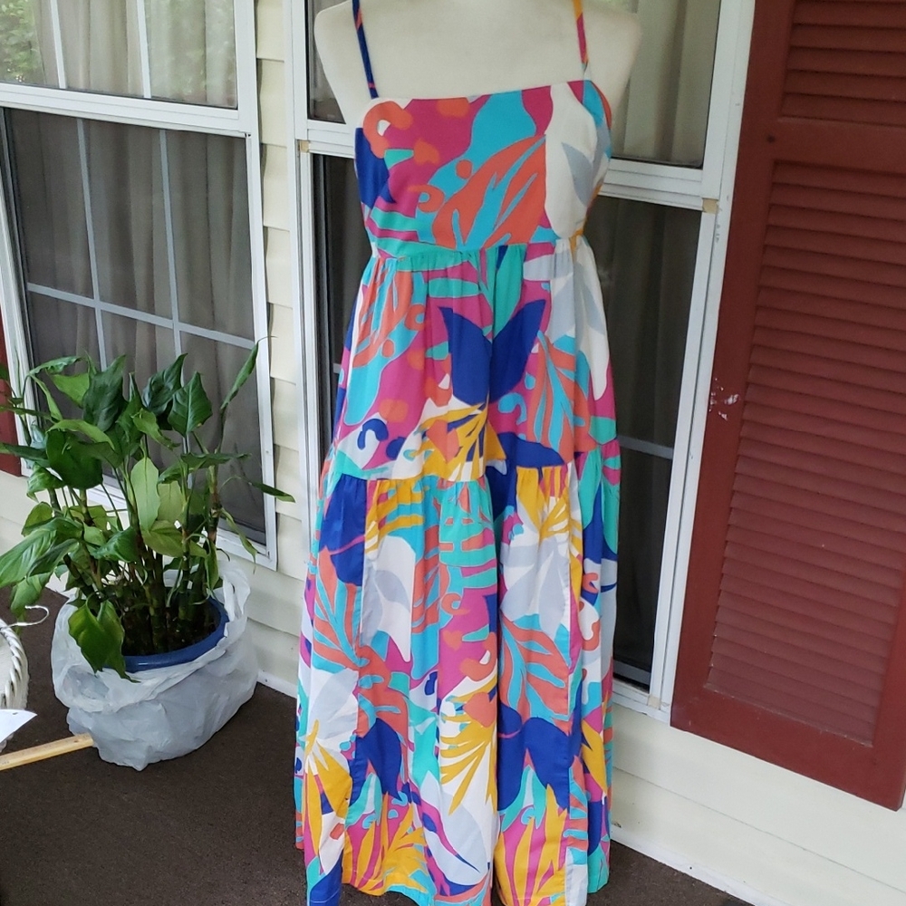J. Crew Tie Back Colorful Tropical Colorful Strappy Cottagecore Maxi Dress